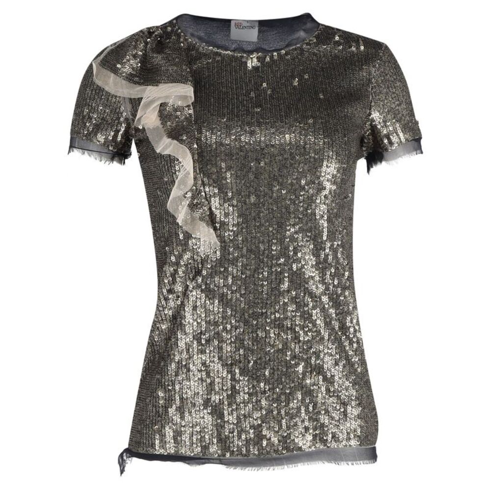 Red Valentino Ruffle Detail T-shirt in Silver Sequins